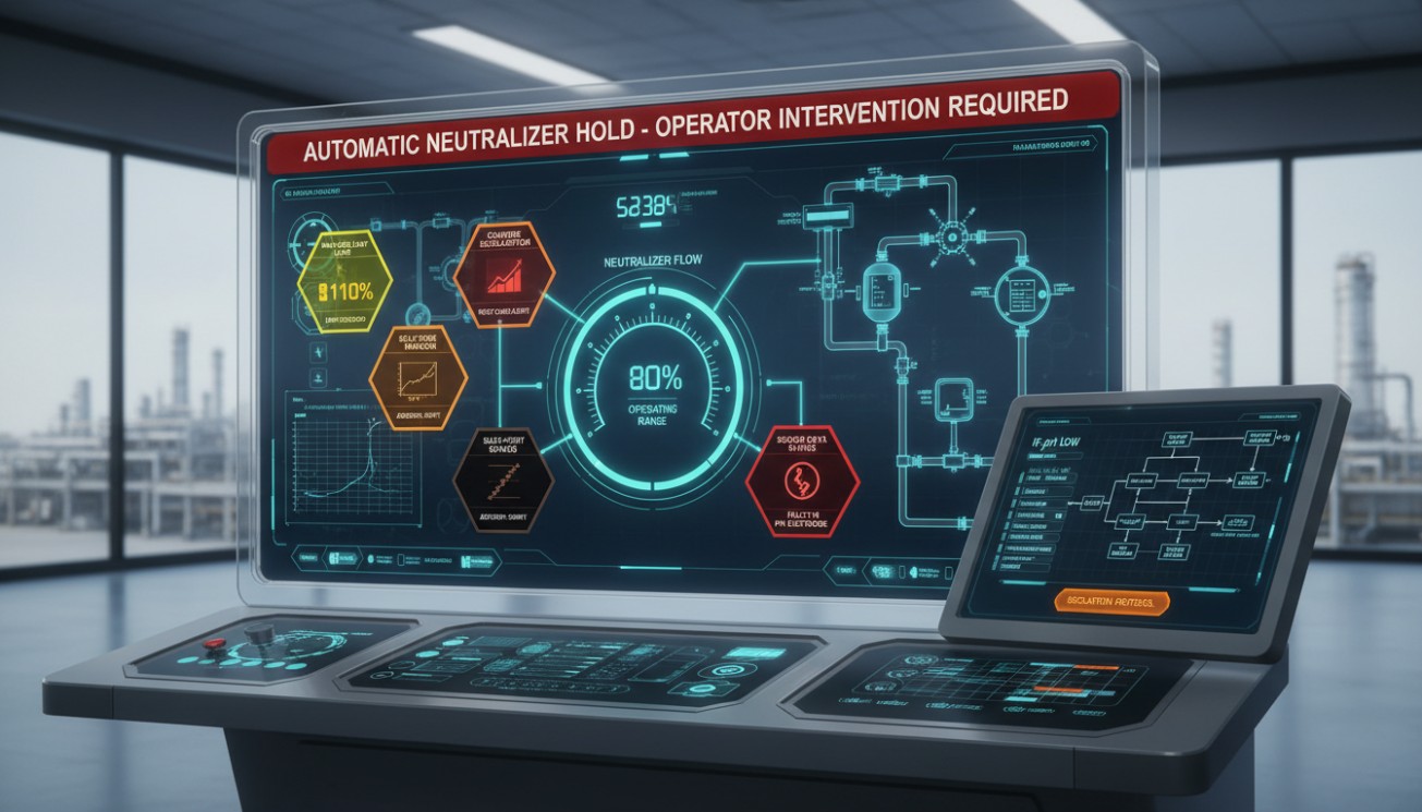 Automatic neutralizer control placed on hold after process limits are exceeded and operator intervention is required